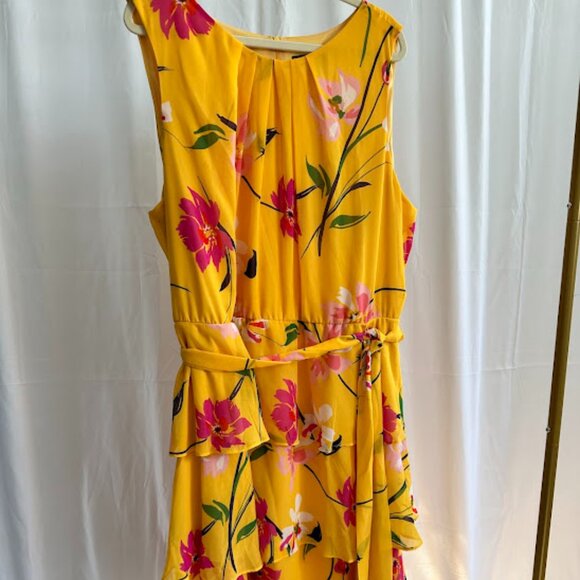 Jessica Howard Women's Plus 24W Yellow dress with pink flowers and layered skirt - Picture 1 of 10